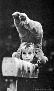 Soviet gymnast Olga Korbut on balance beam